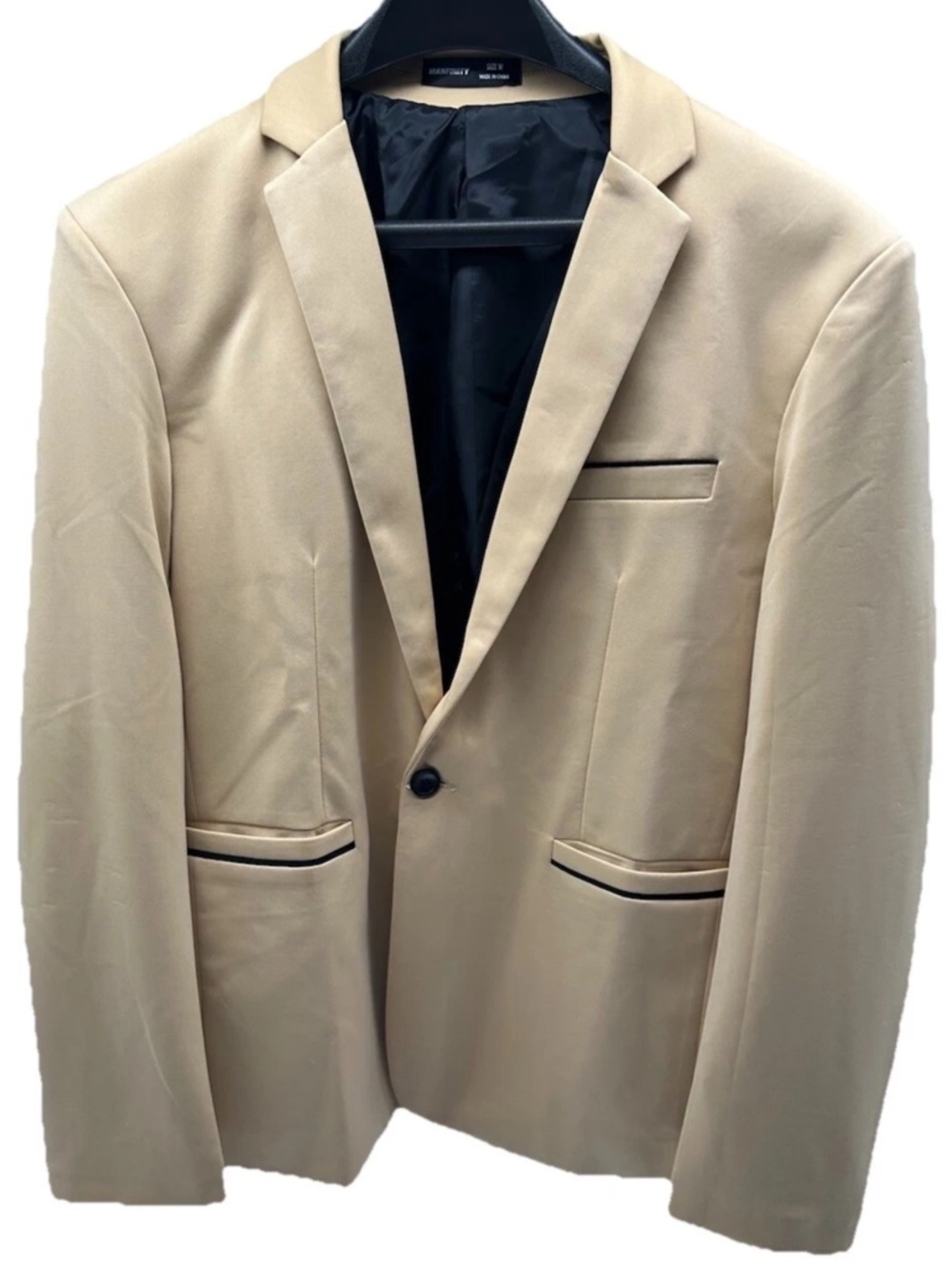 Men's Tan Single-Breasted Blazer with Black Piped Trim